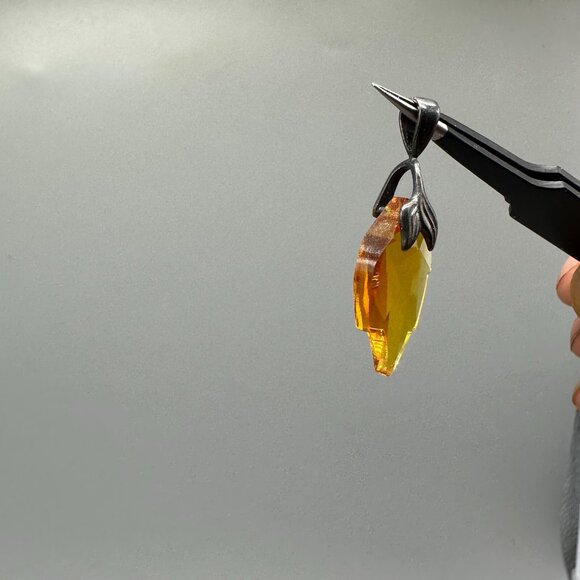 Sterling Silver Leaf Pendant 925 Amber Yellow Color Glass Crystal Faceted Fall - Picture 6 of 10
